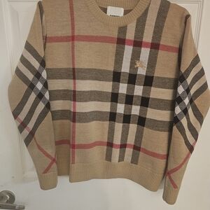 Burberry Tan and Red Plaid Crewneck Sweater